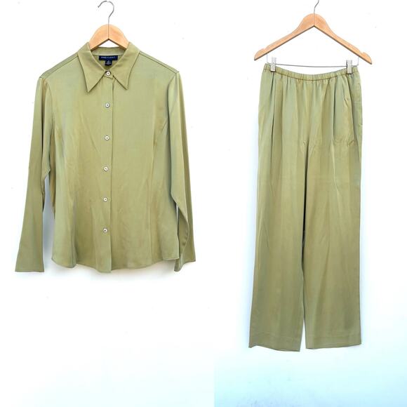 Vintage Anne Klein II Set Button Down Wide Leg Satin Pants Large 12 Lime Green - Picture 2 of 11